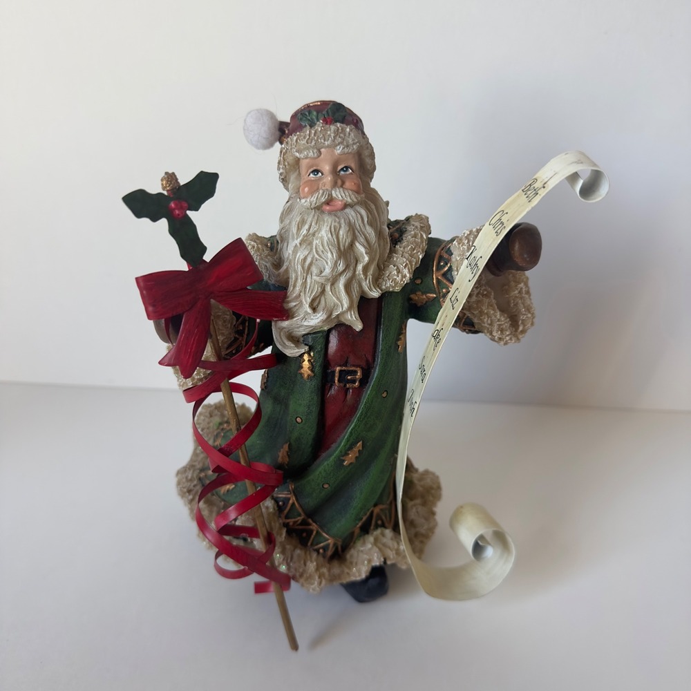 Vintage Style Green Robe Santa Claus Figurine with Naughty or Nice List Scroll
